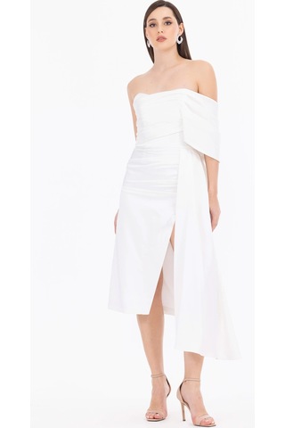 Kadın Asimetrik Yaka Midi Boy Şifon Dokuma Abiye Elbise - Beyaz Beyaz