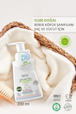 INCIA %100 Doğal Organik Sertifikalı Bebek Köpük Şampuanı Saç Vücut Lavanta Konak Önleyici Yenidoğan 200 ml