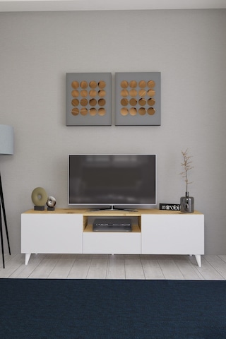 Bravix Modern Tv Ünitesi 3 Bölmeli Tv Sehpası Gövde Çam Kapaklı Beyaz - Antrasit