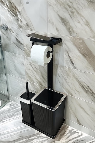 3'ü 1 Arada Banyo Seti Tuvalet Kağıtlık, Çöp Kovası Ve Tuvalet Fırça Takımı Set Çizgili Krom Siyah Diğer