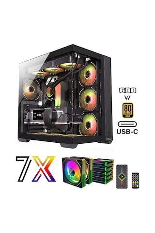 Zeiron Mirage X7 Tuş Ve Kumanda Kontrolcülü 7x120 Mm Gerçek Argb Fanlı 600w 80plus Psu Gaming Boş Akvaryum Bilgisayar
