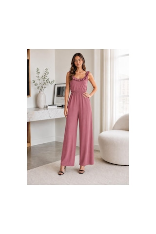 Unika Boutique Kadın Bürümcük Askılı Fırfırlı Bol Paça Tulum Pembe