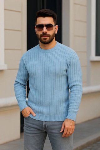 Erkek Bisiklet Yuvarlak Yaka Triko Kazak Pamuklu Kalın Fitilli Dokuma, Regular Fit Uzun Kollu Kışlık Bebe Mavisi