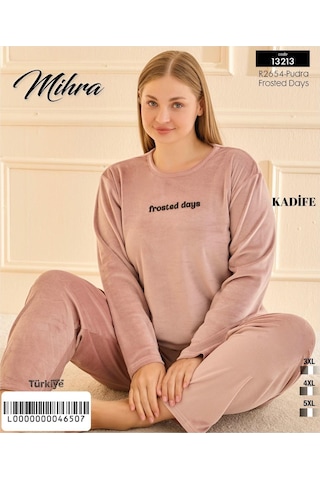 Mihra Kadın Kışlık Bisiklet Yaka Kadife Battal Pijama Takımı 132213p - 1 Adet Pudra