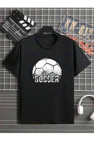 Soccer Ball T-shirt - Siyah Baskılı Oversize Bisiklet Yaka Kısa Kol Tişört Siyah