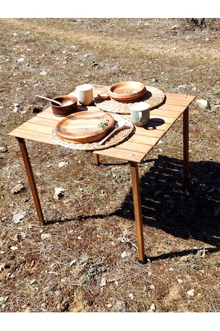 Joyfull Turtle 70x70x50 cm Kayın Katlanır Rulo Kamp Masası ve Çantası