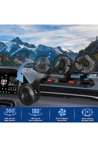 Dashanshop Siyah Güçlü 3 Başlıklı Araba Fanı 360 Dönebilir Usb 15w Çift Hız Ayarlanabilir 5 Büyük Bıçaklı Araba Ve Ev Laptop Aksesuarı