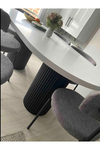 Ada 180x90x75cm 36mm Kalın Kenarlı Oval Beyaz Sütunlu Yemek Masası Sandalye Yok Sadece Masadır Beyaz-siyah