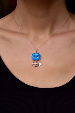 Papatya Silver 925 Ayar Gümüş Rose Kaplama Camdaki Kız Süryani Nazar Boncuğu Cam Göz Kolye