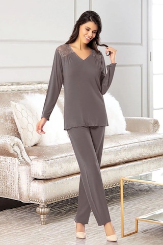 Faal 8618 Kadın Uzun Kollu Dantel Detaylı Pijama Takımı-füme Füme