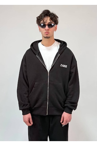 Zaee İnce Kumaş Nakışlı Oversize Premium Zip Hoodie siyah