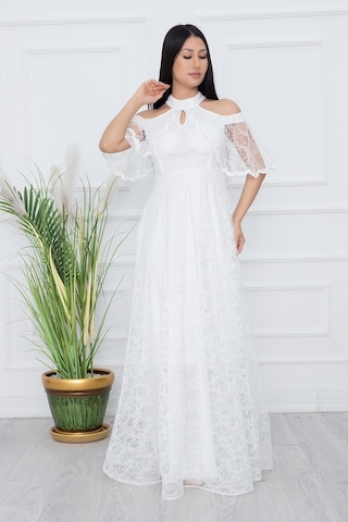Kalopya Omuz Detay Uzun Dantel Abiye Elbise 13328 Ekru