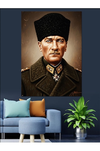 Askeri Kabanlı Mustafa Kemal Atatürk Dekoratif Kanvas - Mdf Ahşap Tablo