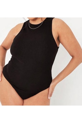 Merlot Büyük Beden Halter Yaka Esnek Çıtçıtlı Örme Body Siyah