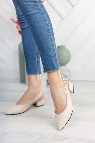 Moda Ayakkabı 0485 Cilt Krem Kadın 5Cm Topuklu Ayakkabı