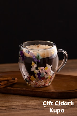 Porsima 2090 Leafy Çift Cidarlı Cam Kupa Çay Kahve Kupası Isı Yalıtımlı Kulplu Cam Bardak 250ml Şeffaf