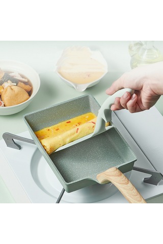 Qingmipy Japon Yumurta Tavası - Yapışmaz, Çok Amaçlı, Taş Kaplama, Ahşap Saplı Çok Renkli