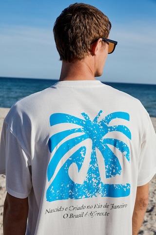 Grimelange Copacabana Erkek Ön Arka Çatlayan Baskı Detaylı %100 Organik Pamuk Oversize Kısa Kollu Beyaz T-shirt