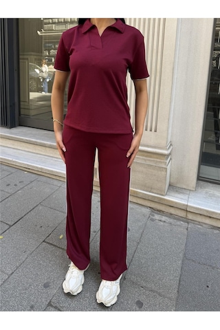 WeShaya Bordo Polyester Keten Polo Yaka Takım Bordo