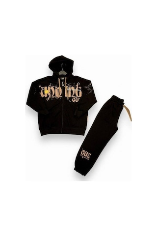 Erkek Çocuk Batik Desenli Beli Paçası Lastikli Eşofman Takım-14686 Siyah