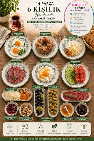 14 Parça 6 Kişilik Handmade Yaz Desen Kahvaltı Takımı - Lüx Kahvaltılık Sunum Seti Diğer