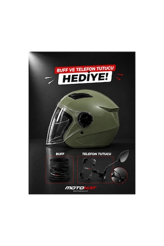 Güneş Vizörlü Kask - Telefon Tutucu Ve Buff Haki