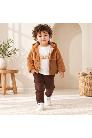 Maxx Kelın Erkek Çocuk Kapüşonlu Peluş Görünümlü Kapitone Mont Pantolon Tişört 3'lü Takım 9-12-18-24 Ay Kahverengi