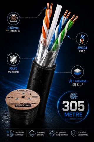 Mpıa 305 Metre Cat6 Utp Outdoor İnternet Kablosu 0.50mm Çift Katmanlı Folyo Korumalı Awg24 Diğer
