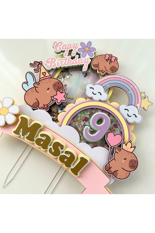 Kapibara Capybara Temalı Kız Çocuk Doğum Günü İsme Özel 3d Pasta Parti Süsü Cake Topper Çocuk
