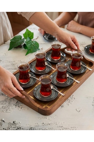 Madam İzmir Winter 6'lı Siyah Çay Tabağı - Modern Spiral Desenli Şık Sunum Tabağı Siyah