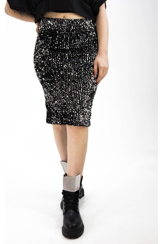 Sermoda Pullu & Astarlı Diz Altı Kalem Etek - 60 Cm Uzunlukta Abiye Etek Likralı & Esnek Pullu Etek Gümüş Siyah Gümüş