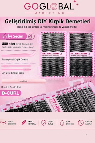 3 Adet-profesyonel Takma Kirpik Uygulama Seti 800 Demet Cluster Kirpik 30d-40d-60d-80d Bond &