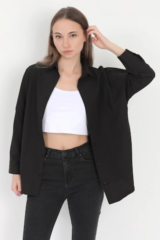Giysa Kadın Siyah Uzun Kollu Basic Pamuklu Oversize Gömlek - 3900 Siyah