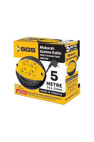 Sgs Saklı Kablolu Makaralı Uzatma Kablosu Siyah Cca 3x1.5 - 4 Priz - 5 Mt. 5 m