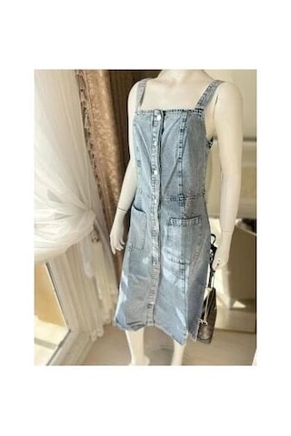 Gesshop Kadın Boydan Düğmeli Cepli Askılı Midi Boy Denim Elbise Askılı Elbise Buz Mavisi