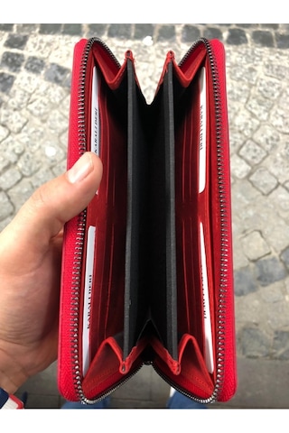 Karalı Deri Unisex Kırmızı Hakiki Deri Telefon Bölmeli Kartlıklı Cüzdan El Portföyü Kırmızı