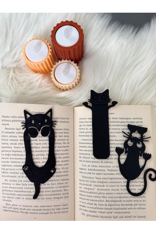 3 Adet Eğlenceli Kedi Kitap Ayracı Seti Siyah Sert Plastik Kırtasiye