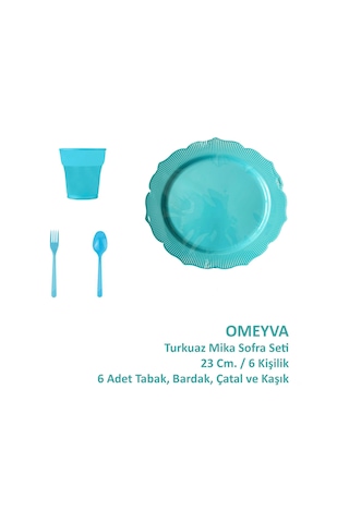 Omeyva 23 Cm. Plastik Mika Turkuaz Sorfa Piknik Seti - 6 Kişilik Tabak Bardak Çatal Kaşık Takımı