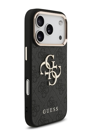 Apple iPhone Uyumlu 18 Pro Kılıf Guess Lisanslı Gold Çerçeve 4g Desenli Metal Büyük 4g Ve Yazı Logolu Kapak Siyah