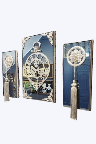 3lü Gümüş Dikdörgen Aynalı Çerçeveli Püsküllü Duvar Saati Takımı, Wall Clock, Hediye, Ms38-1