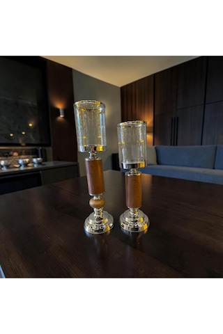 Woodgold Cam Mumluk & Ahşap Detaylı Şamdan Seti İkili Gümüş