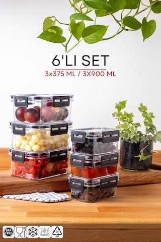Nandy Home Kilit Kapaklı Dikdörtgen Clear Saklama Kabı Seti 6'lı 375 - 900 ML Beyaz