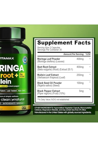 Moringa Beet Root + 5x İn One + Mullein With Black Seed Oil & Black Pepper 60 Kapsül