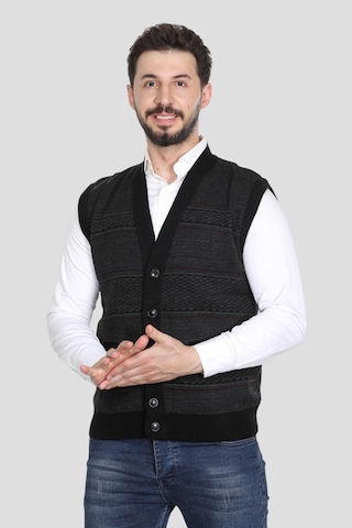 Kzc Tekstil Erkek Baba Orta Yaş Ve Üzeri Triko Örgü Akrilik Kışlık Kalın Dokulu Düğmeli Cepli Baba Yelek Siyah