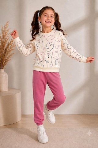 Pina Kids Kız Çocuk Kalpli Desenli Okul Günlük Eşofman Takımı Esf7035 Pembe