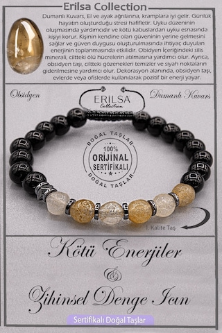 Sertifikalı Aaa+ Kalite Obsidyen - Dumanlı Kuvars Şifa Bilekliği Çok Renkli