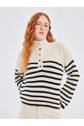 LC Waikiki Lc Waıkıkı Bej Yarım Balıkçı Yaka Çizgili Oversize Kadın Triko Kazak