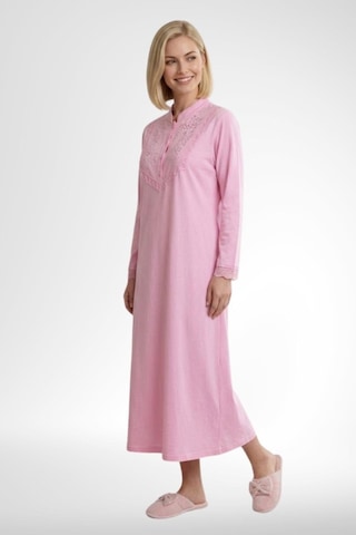 Mecit Pijama Mecit 6376 Pembe Kadın %100 Pamuk Uzun Kollu Gecelik