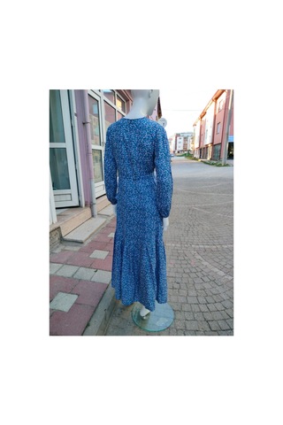 Çınar Boutique Çiçekli Tessetür Elbise Mavi Mavi
