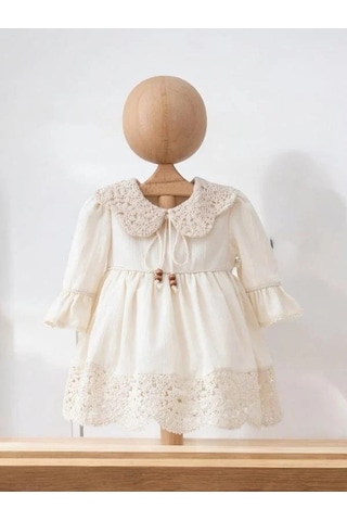 Zekids Kız Bebek Yaka Ve Etek Ucu Motif Detaylı Keten Elbise-14127 Bej